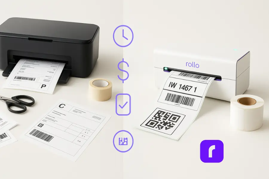 A photorealistic side-by-side comparison of traditional inkjet printing and mobile thermal printing. On the left, an inkjet printer is surrounded by scissors, tape, and cut paper shipping labels, symbolizing a manual and cluttered process. On the right, a sleek Rollo wireless thermal printer produces a clean 4×6 label directly from a label roll. Purple icons representing time savings, cost efficiency, accuracy, and barcode reliability appear in the center, visually reinforcing the measurable business benefits of switching to mobile thermal printing.