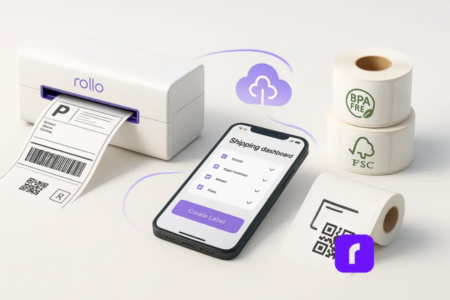 A photorealistic image showcasing Rollo’s integrated mobile printing ecosystem. The scene features a Rollo wireless thermal printer actively printing a shipping label, a smartphone displaying a shipping dashboard with selected orders and a "Create Label" button, and a stack of BPA-free, FSC-certified thermal labels. A purple cloud icon and soft curved lines connect the printer, phone, and label rolls, visually representing seamless syncing and automation. The layout highlights Rollo’s all-in-one solution for efficient, eco-friendly mobile printing in eCommerce workflows.