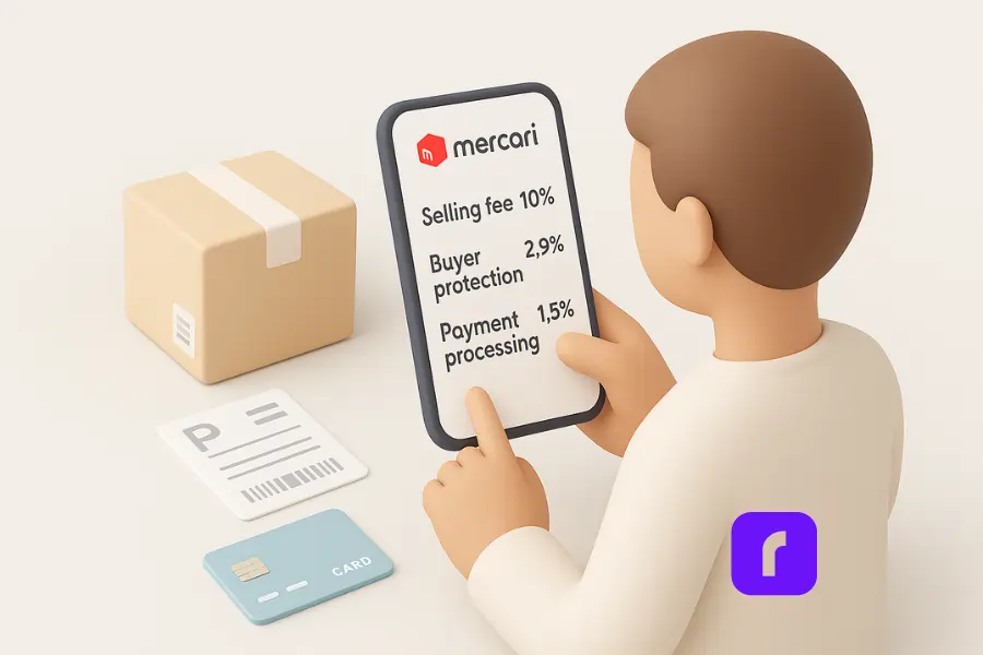 Exclusive Mercari Selling Secrets You Need To Know Now! 2 A minimalist 3D illustration showing a Mercari seller managing fees while preparing a package for shipment. The seller holds a smartphone displaying Mercari’s fee breakdown—selling fee, buyer protection, and payment processing—while a small package, shipping label, and debit card are neatly arranged nearby on a light pastel background. The scene visually conveys how each fee impacts the seller’s earnings.