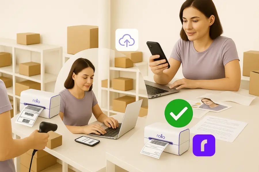 A photorealistic composite image showing a small business owner multitasking in a bright, organized workspace. The woman is seen in different quadrants performing eCommerce tasks: printing a shipping label with a Rollo wireless thermal printer, scanning a package with a barcode scanner, working on a laptop with a smartphone nearby, and reviewing order details. A large green check mark icon appears near the printer, symbolizing successful mobile printing integration into a seamless, productive workflow for online sellers.