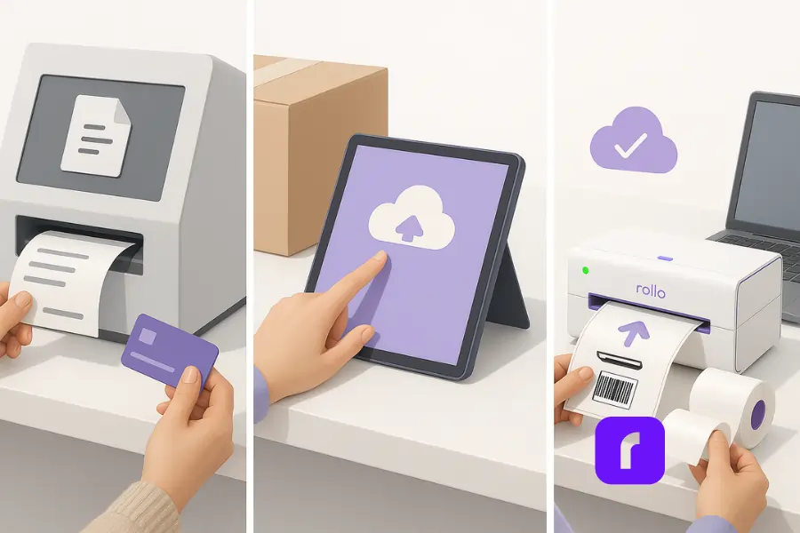 A photorealistic triptych illustrating three mobile printing options without owning a printer. The left panel shows a person using a public library kiosk to print a document, holding a library card. The middle panel features a user at a print station uploading a file via touchscreen with a cloud icon on the screen. The right panel highlights a compact Rollo wireless thermal printer in a co-working space, printing a 4×6 shipping label with a visible barcode and upward arrow, emphasizing flexible and accessible mobile printing solutions.