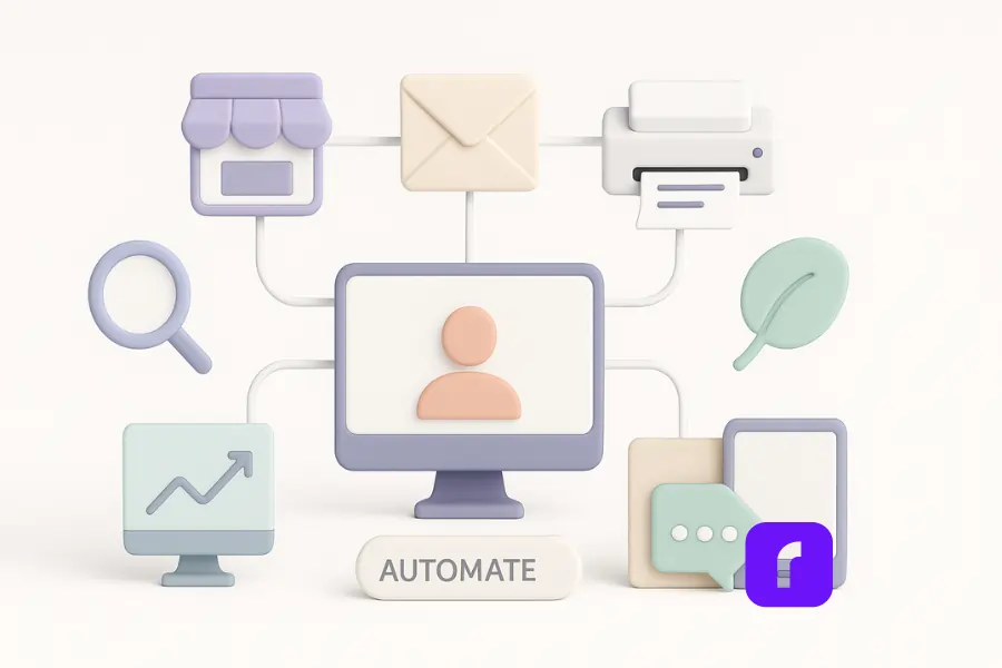 Online Entrepreneur Life: Is It Right for You? 6 Minimalist 3D illustration of a smart tech stack powering an online entrepreneur’s workflow. A central desktop monitor with a user icon is connected by white lines to five surrounding icons: a storefront for ecommerce, an envelope for email marketing, a printer for shipping, a chat bubble for customer support, and a chart for analytics. A button labeled ‘AUTOMATE’ sits below, all rendered in soft pastel tones on a clean white background.