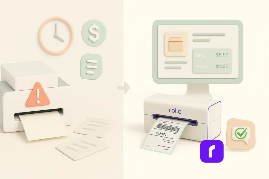 Online Entrepreneur Life: Is It Right for You? 4 Split-screen 3D illustration showing fulfillment chaos on the left and smart shipping automation on the right. The left side features a broken desktop printer with an error symbol, clock, dollar sign, and scattered packing slips. The right side shows a Rollo thermal label printer printing a shipping label, a clean shipping dashboard with carrier rates, and icons representing automation success, including the Rollo app logo and a checkmark in a chat bubble.