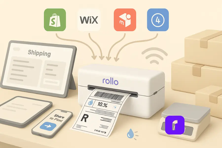 A minimalist 3D illustration showing Rollo’s wireless label printer seamlessly integrated with multiple e-commerce platforms. The printer is actively printing a 4×6 shipping label, while a nearby tablet displays a centralized shipping dashboard. Platform icons for Shopify, Wix, Mercari, and Shift4Shop are connected to the dashboard with arrows, symbolizing real-time syncing. A smartphone with a “Share to Print” option and a digital scale enhance the streamlined, clutter-free fulfillment setup.