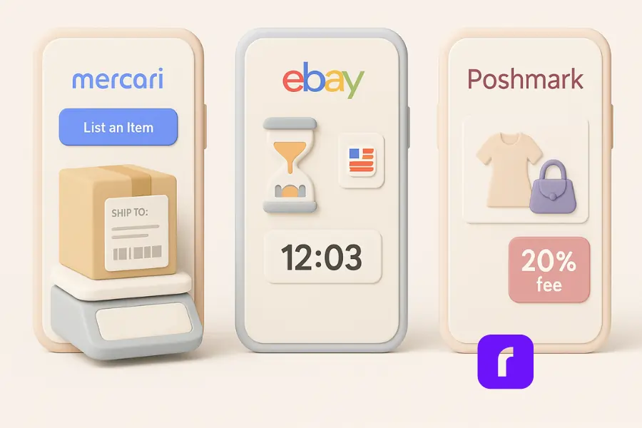 Exclusive Mercari Selling Secrets You Need To Know Now! 5 A minimalist 3D illustration comparing Mercari, eBay, and Poshmark side by side as smartphone screens. The Mercari screen displays a shipping box and a "List an Item" button, the eBay screen shows an auction timer, American flag icon, and a digital clock, while the Poshmark screen features a dress, handbag, and a "20% fee" label. A small Rollo icon is placed in the lower right corner, and the background uses soft pastel colors and smooth, rounded shapes.