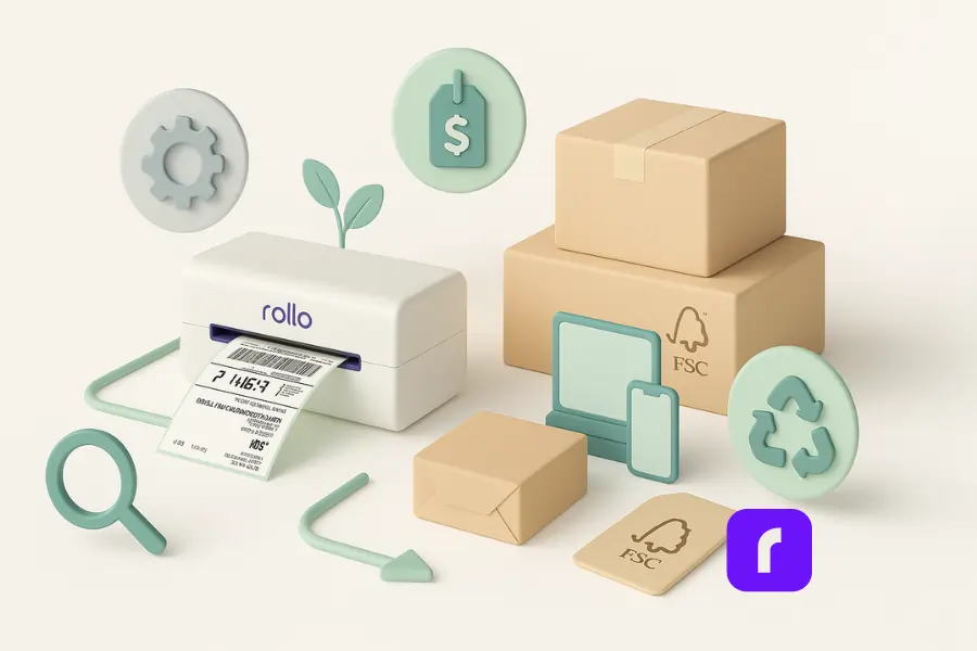 Online Entrepreneur Life: Is It Right for You? 5 Minimalist 3D illustration of an eco-friendly shipping setup: a Rollo thermal label printer printing a shipping label next to FSC-certified recyclable boxes and mailers. Surrounding icons include a gear for automation, a price tag for cost savings, and a recycling symbol and leaf for sustainability—all in soft pastel colors on a clean white background.