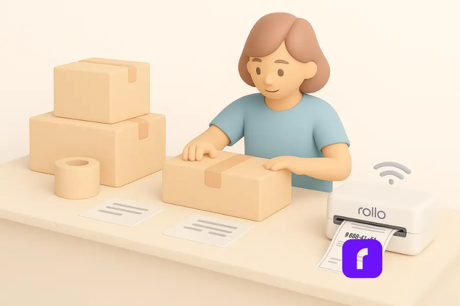 10 Order Management Tips for Faster Fulfillment 4 A minimalist 3D-rendered illustration of a standardized fulfillment workflow at a small business packing station. A packer is seen neatly taping a cardboard box, while a Rollo wireless printer actively prints a shipping label nearby. Stacks of neatly aligned boxes and essential packing supplies like tape rolls and packing slips are arranged on the counter, emphasizing efficiency, organization, and a clean, modern workspace. The scene uses soft pastel colors and smooth, rounded shapes for a calm and practical atmosphere.