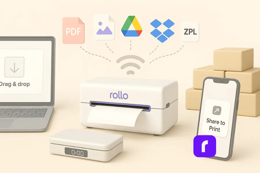 A minimalist 3D illustration showing a Rollo wireless thermal printer at the center of a clean workspace. Floating icons for file types (PDF, PNG, ZPL) and cloud platforms (Google Drive, Dropbox) stream wirelessly from a nearby laptop and smartphone to the printer. The laptop displays a “Drag & drop” interface, while the phone shows a “Share to Print” screen. Surrounded by a scale and packing boxes, the scene highlights seamless cloud-based printing workflows and multi-format compatibility.