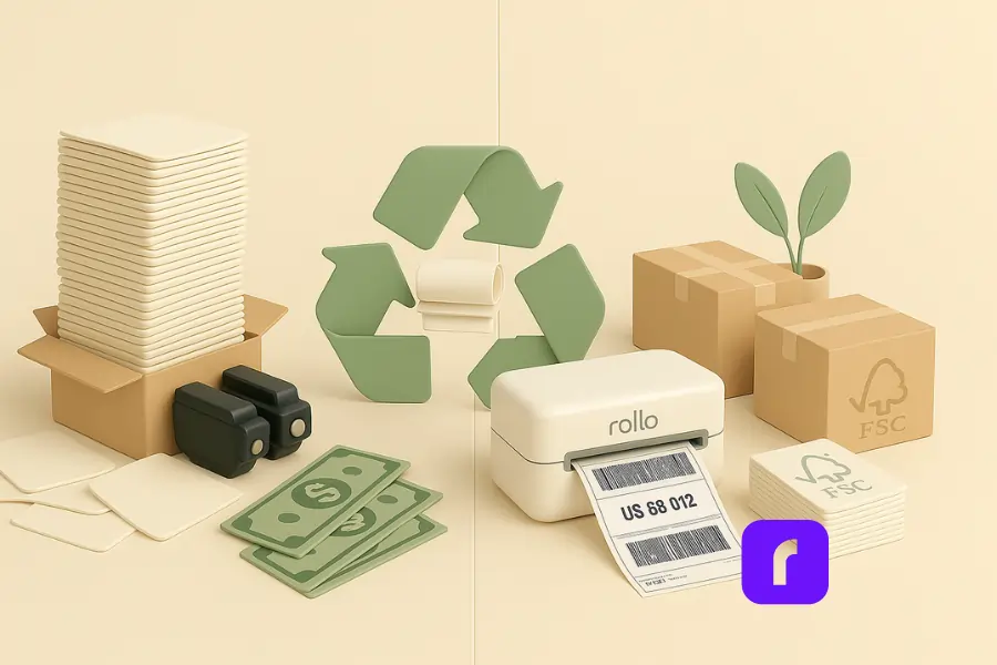 A 3D-rendered digital illustration showcasing the hidden costs of traditional printing compared to sustainable solutions. The left side depicts a cluttered desk with overflowing stacks of crooked labels, scattered paper sheets, bulky ink cartridges, and dollar bills scattered around—symbolizing high expenses and waste. The right side shows a modern, organized workspace featuring a Rollo thermal printer actively printing a shipping label, FSC-certified label stacks, recyclable cardboard boxes, and a small potted plant representing sustainability. The two sides are divided by a recycling symbol, highlighting the shift towards sustainable printing.