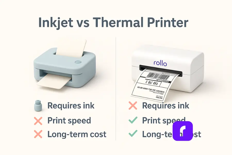 How Thermal Printers Slash Your Shipping Costs 3 3D illustration comparing an inkjet printer and a Rollo thermal printer side by side. The inkjet printer shows red Xs for print speed and long-term cost, while the Rollo thermal printer displays green checkmarks for speed and savings. Icons and labels emphasize that thermal printers don’t require ink and are more efficient for shipping.