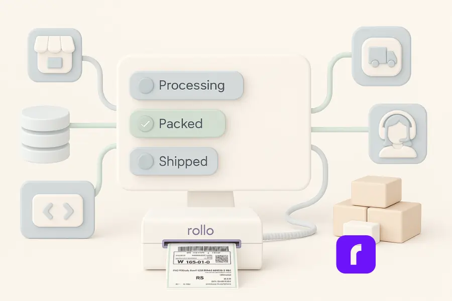 10 Order Management Tips for Faster Fulfillment 3 A minimalist 3D-rendered illustration of real-time order tracking and OMS integration. At the center, a soft-toned dashboard screen displays three order status indicators: Processing, Packed (with a green checkmark), and Shipped. Surrounding the dashboard are icons representing connected systems: a storefront, shipping carrier, inventory database, customer support, and API integration, each linked by curved data lines. Below the screen, a Rollo wireless printer is actively printing a shipping label, reinforcing seamless order visibility and automation. The entire scene is styled with soft pastel colors and clean, rounded shapes.