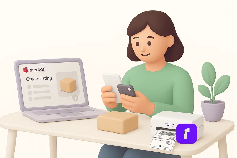 Exclusive Mercari Selling Secrets You Need To Know Now! 1 Minimalist 3D illustration of a woman sitting at a desk, holding a smartphone to create a Mercari listing. She is surrounded by a laptop displaying the Mercari dashboard, a Rollo Wireless Printer printing a shipping label, a small package, and a potted plant. The scene is designed with soft pastel colors, rounded shapes, and clean lines, conveying a sense of simplicity and ease in Mercari selling for hobby sellers and small business owners.