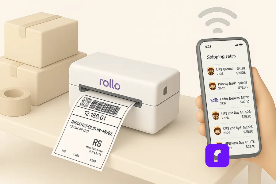 A minimalist 3D illustration showcasing wireless printing in action using a Rollo label printer. The scene features a smartphone displaying real-time shipping rates, wirelessly connected to the printer, which is actively printing a shipping label. Surrounded by cardboard boxes and packing tape, the workspace highlights the efficiency and convenience of wireless printing during order fulfillment.