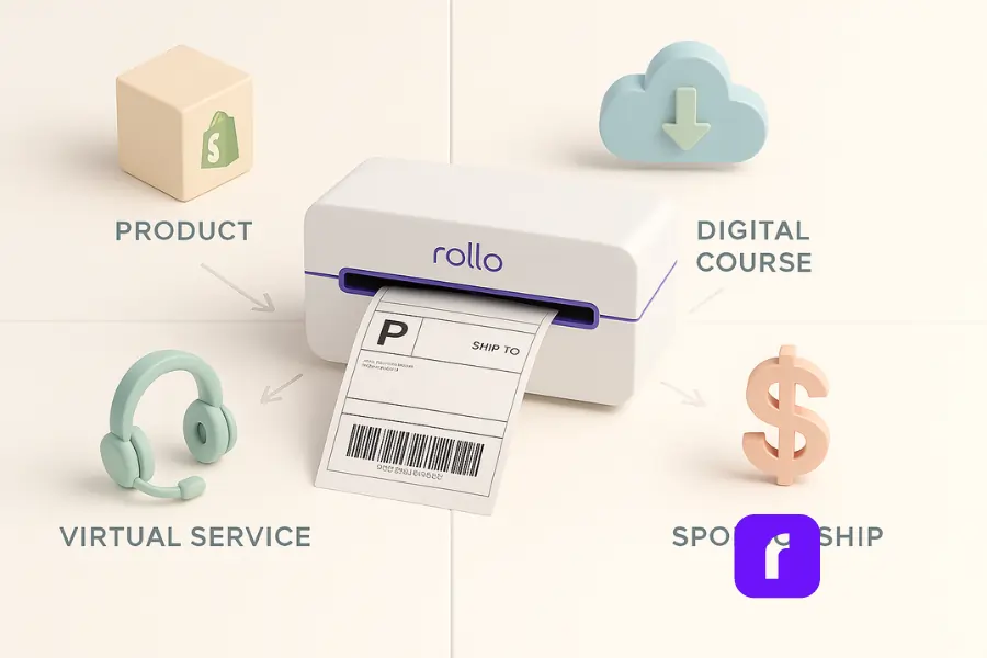 Online Entrepreneur Life: Is It Right for You? 1 Minimalist 3D scene divided into four sections—Shopify‑style product box, cloud download icon, mint headset, and peach dollar sign—all with arrows aiming toward a white Rollo wireless label printer that’s printing a shipping label.
