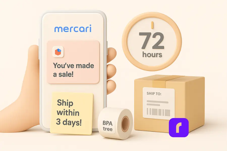 Exclusive Mercari Selling Secrets You Need To Know Now! 7 A minimalist 3D illustration showing a Mercari seller’s phone with a sale notification, a countdown timer set to 72 hours, a package with a shipping label, and a sticky note that reads “Ship within 3 days!” The scene also includes a BPA-free label roll, all arranged on a soft pastel background. The illustration emphasizes the importance of timely shipping to maintain seller ratings and improve shop visibility.
