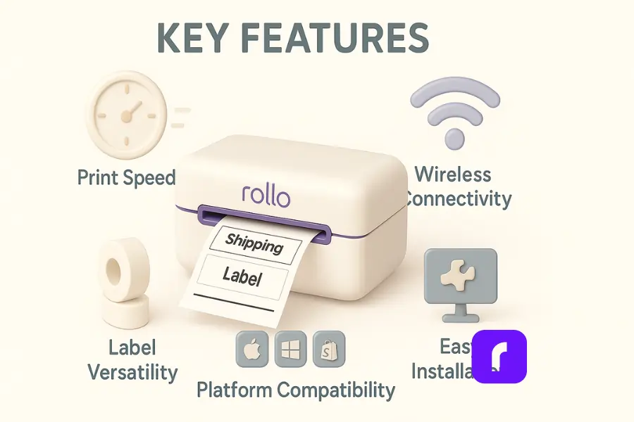 How Thermal Printers Slash Your Shipping Costs 4 3D illustration in a minimalist, soft pastel style showcasing a Rollo thermal label printer at the center, printing a shipping label. Surrounding the printer are five labeled icons representing key features for small business shipping: a clock for Print Speed, a Wi-Fi symbol for Wireless Connectivity, a roll of labels for Label Versatility, a desktop screen with a puzzle piece for Easy Installation, and icons for Apple, Windows, and Shopify under Platform Compatibility.