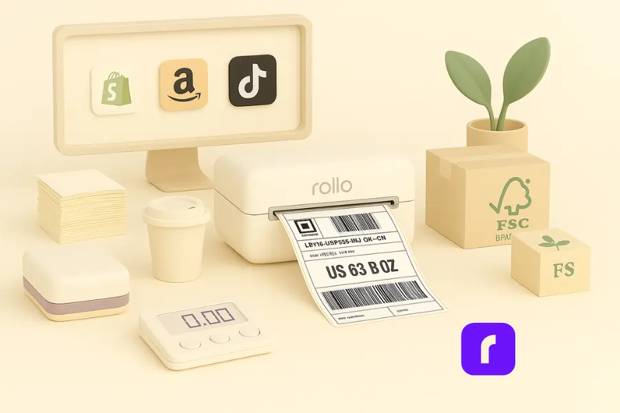 A 3D-rendered digital illustration in a minimalist, modern style showcases an e-commerce shipping workspace. The scene features a Rollo wireless thermal label printer printing a shipping label, surrounded by a stack of FSC-certified labels, a Rollo shipping scale, a digital display, and a coffee cup. A monitor displays Shopify, Amazon, and TikTok Shop icons, symbolizing seamless order integration. A small potted plant and recyclable shipping boxes emphasize eco-friendly practices. The soft pastel color palette and smooth geometric shapes highlight efficiency, sustainability, and a clean workflow for small businesses.