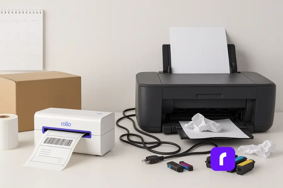 A photorealistic image comparing the efficiency of a compact thermal printer versus a bulky inkjet printer in a small business shipping setup. On the left, a sleek Rollo wireless thermal printer cleanly prints a shipping label with a barcode, surrounded by organized supplies like a label roll and cardboard box. On the right, a large inkjet printer appears cluttered with tangled cords, loose ink cartridges, and crumpled paper, visually highlighting the superior space-saving and streamlined mobile printing performance of the thermal printer.