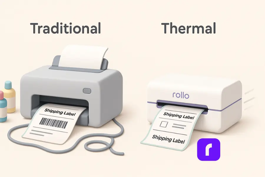 How Thermal Printers Slash Your Shipping Costs 2 Side-by-side comparison of a traditional inkjet printer and a Rollo thermal printer. The traditional printer has tangled cords, ink bottles, and prints a single label slowly. The Rollo thermal printer is sleek, cordless, and prints multiple shipping labels quickly, emphasizing speed and efficiency in a minimalist 3D style.