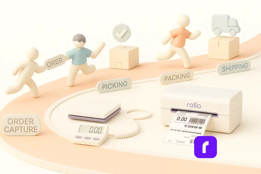 10 Order Management Tips for Faster Fulfillment 1 A 3D-rendered digital illustration visualizing order management as a seamless relay workflow. Stylized, faceless figures run along a curved track, passing a baton labeled 'ORDER' through clearly marked stages: Order Capture, Picking, Packing, and Shipping. Beside the track, a Rollo shipping scale and wireless printer are shown in action—measuring a package and printing a shipping label. The scene uses a soft pastel color palette, rounded shapes, and clean, minimalist design to emphasize speed, coordination, and automation in the order fulfillment process.