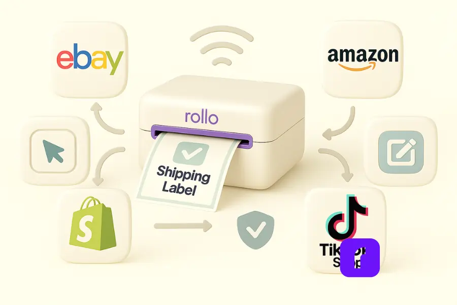 How Thermal Printers Slash Your Shipping Costs 7 3D illustration in a minimalist pastel style featuring a Rollo thermal label printer at the center, printing a shipping label with a checkmark. Surrounding the printer are icons representing major e-commerce platforms—eBay, Amazon, Shopify, and TikTok Shop—along with a label design tool. Curved arrows and a wireless signal icon connect each element, visually emphasizing Rollo’s seamless integration with online selling platforms for efficient, smart shipping.