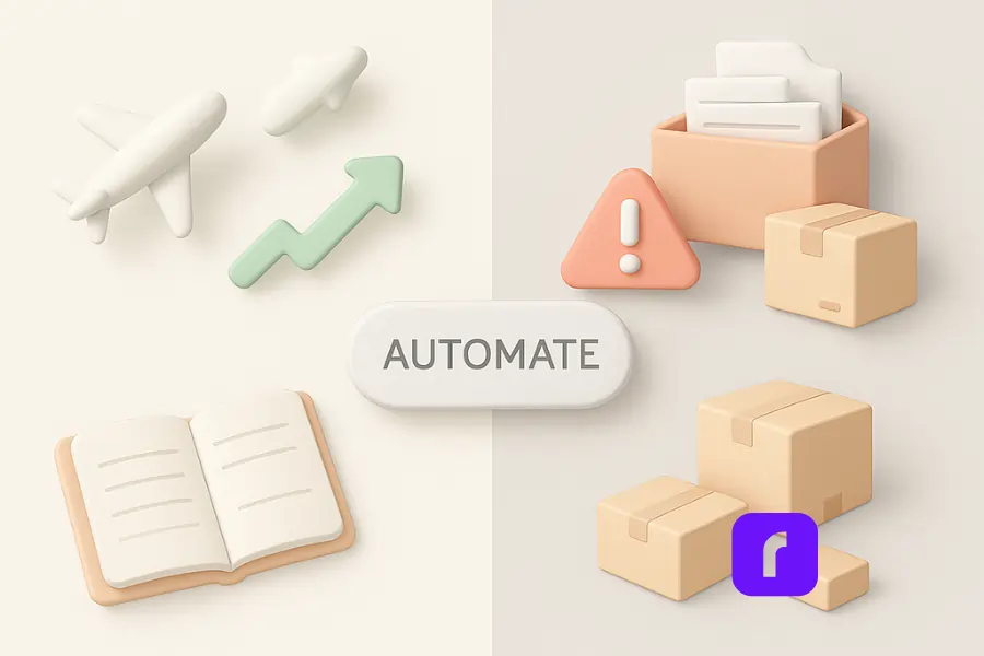 Online Entrepreneur Life: Is It Right for You? 2 “Minimalist 3D illustration split down the middle: left half in calm pastels shows an open planner, a small airplane, and an upward arrow icon; right half in the same palette shows an overflowing inbox tray, red warning triangle, and scattered shipping boxes. A central ‘AUTOMATE’ button straddles the dividing line, symbolizing a tool that transforms entrepreneurial pitfalls into perks.