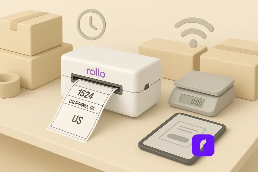 A minimalist 3D illustration of a wireless thermal printing setup on a clean beige packing bench. The scene features a Rollo printer actively printing a shipping label, a digital scale displaying 0:00, a tablet with a print interface, and several neatly stacked cardboard boxes. Wi-Fi signal lines and a clock icon emphasize the efficiency and time-saving benefits of wireless printing in daily order fulfillment.