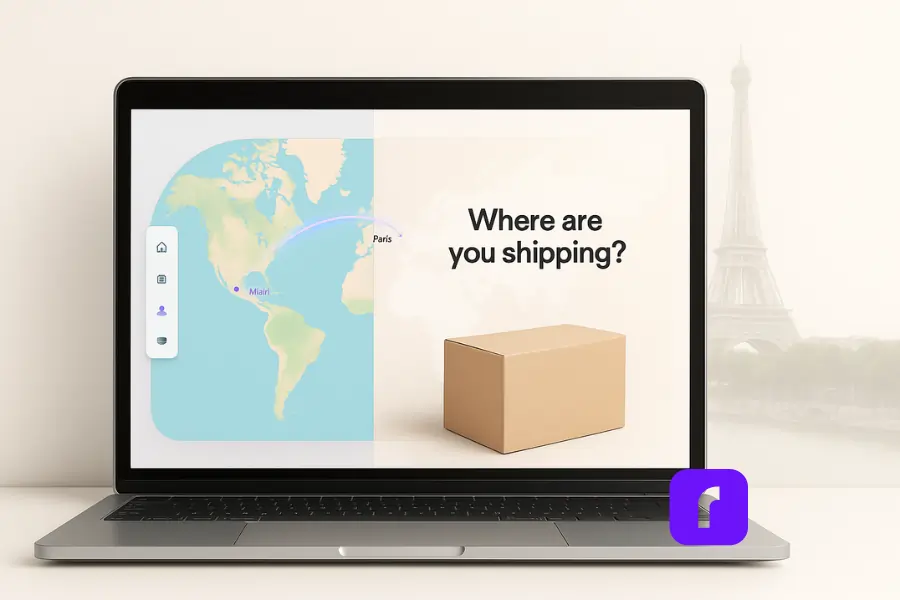 Truth About eCommerce Shipping Software You Need To Know 4 A photorealistic digital image of a modern silver laptop placed on a clean white surface. The laptop screen is split into two panels. On the left, a world map displays a glowing purple shipping route from Miami to Paris, symbolizing international delivery. On the right, the screen shows a cardboard package in front of a light background with the bold text “Where are you shipping?” displayed above it. The Eiffel Tower is subtly visible in the background, reinforcing the Paris destination. The interface reflects Rollo Ship’s global shipping capabilities in a sleek, minimalist design.