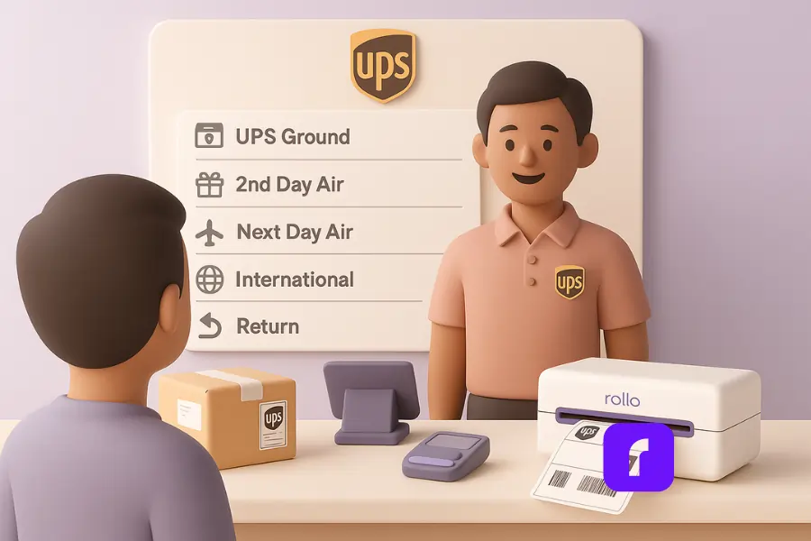 A 3D-rendered digital illustration showing a first-person perspective inside a UPS Store. A solo seller stands at the counter, facing a friendly UPS employee. Behind the employee is a minimalist menu board displaying five UPS service options—Ground, 2nd Day Air, Next Day Air, International, and Return—each with a simplified icon. A Rollo Wireless Printer and labeled UPS package appear on the counter, emphasizing the shipping context in soft pastel tones.