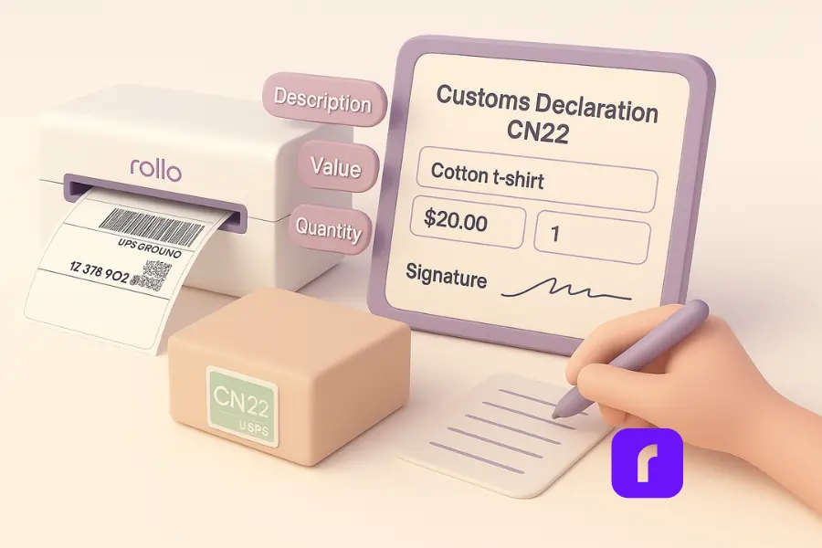 Sellers’ Guide to USPS First Class Package International® 4 3D illustration of a seller preparing an international USPS First Class Package with a Rollo Wireless Printer, customs form, and floating shipping dashboard in a clean, minimalist workspace.
