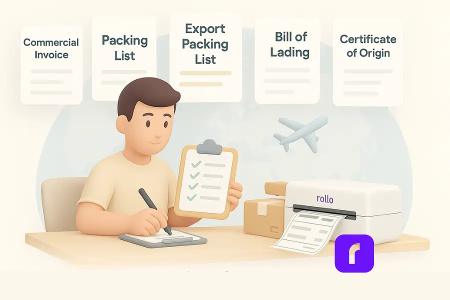 The Surprising Way to Manage Shipping Documents for Free 6 A 3D digital illustration in soft pastel tones shows a small business owner preparing shipping documents. The scene includes labeled shipping document icons—Commercial Invoice, Packing List, Export Packing List, Bill of Lading, and Certificate of Origin—floating above a workspace. The person is checking off a checklist on a clipboard while writing with a pen. On the desk, a Rollo wireless printer prints a shipping label, with a cardboard box beside it. A subtle world map and airplane icon in the background symbolize global shipping.