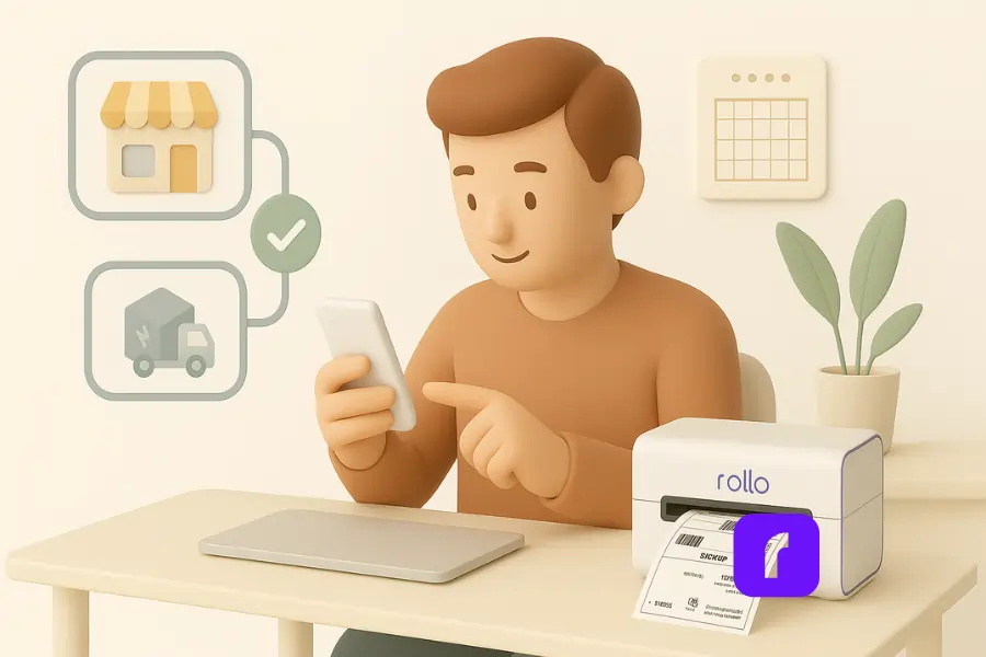 A 3D-rendered digital illustration of a small business owner in a minimalist workspace signing up for a free shipping app on his smartphone. The scene features a light desk with a closed laptop, a Rollo Wireless Printer printing a shipping label, and floating icons representing a storefront and a delivery truck connected by a green checkmark. A soft calendar and potted plant appear in the background, all in a pastel color palette with smooth, rounded shapes and clean matte surfaces.