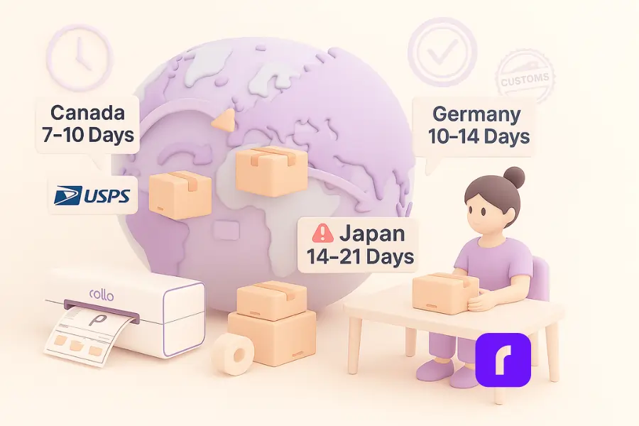 Sellers’ Guide to USPS First Class Package International® 3 3D illustration of USPS First Class Package International delivery times, featuring a pastel-colored globe with curved arrows linking the U.S. to Canada (7–10 Days), Germany (10–14 Days), and Japan (14–21 Days). Floating cardboard boxes represent shipments in transit, while a Rollo Wireless Printer prints a shipping label nearby. A stylized female seller sits at a desk packing a box, surrounded by visual metaphors like a customs stamp, a faded clock icon, and a “USPS” logo. The scene is rendered in soft lavender, blush, and beige tones with smooth, rounded shapes and clean, minimalist styling.