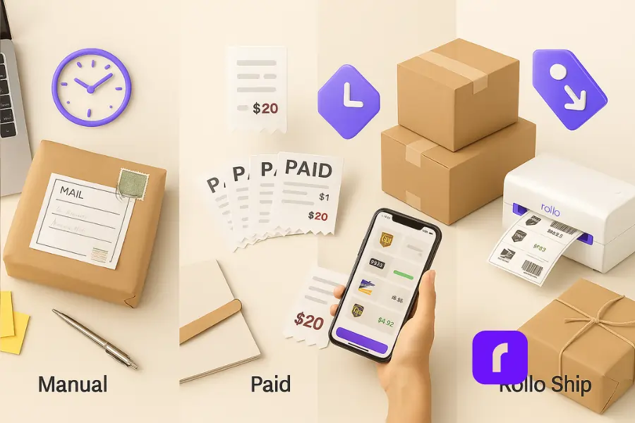Truth About eCommerce Shipping Software You Need To Know 6 This photorealistic comparison image illustrates three eCommerce shipping workflows—Manual, Paid, and Rollo Ship—side by side on a clean, minimalist surface. The left section shows a cluttered manual setup with a kraft-wrapped package, handwritten label, sticky notes, and a clock icon to suggest time loss. The middle section represents a paid shipping platform, featuring stacked receipts with varying label fees and a phone showing higher shipping rates. The right section highlights Rollo Ship’s streamlined workflow with a Rollo Wireless Printer actively printing labels, a smartphone displaying discounted carrier rates, and neatly stacked parcels ready to ship. The overall composition conveys how small business owners can save both time and money by switching to Rollo Ship.