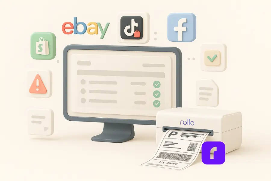 A minimalist 3D illustration showcasing Rollo Ship’s seamless multichannel integration. The scene features a central monitor displaying a simplified order dashboard with checkmarks beside each item. Surrounding the monitor are stylized floating icons for Shopify, eBay, TikTok Shop, and Facebook, visually flowing toward the screen. A Rollo wireless printer sits on the right, actively printing a 4×6 shipping label. Additional floating icons depict an inventory alert and document symbol, all rendered in a soft pastel color palette with rounded shapes, clean surfaces, and soft shadows—conveying automation, ease, and centralized control.