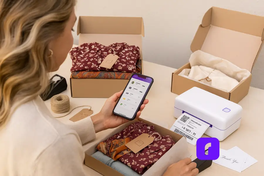 Truth About eCommerce Shipping Software You Need To Know 5 A photorealistic image of a woman running a small vintage clothing business from a light, modern workspace. She holds a smartphone displaying the Rollo Ship app with shipping rate comparisons. Around her are open cardboard boxes filled with neatly folded vintage clothing, including floral blouses and denim, each with boutique-style hang tags. A Rollo Wireless Printer sits on the table actively printing a shipping label. Nearby are packaging tools like twine, a tape dispenser, and thank-you cards, all set against a neutral background with soft, natural lighting that conveys warmth, efficiency, and professionalism.
