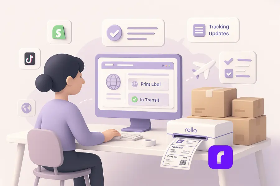 Sellers’ Guide to USPS First Class Package International® 11 A clean, pastel-colored 3D illustration of a solo eCommerce seller managing international orders with Rollo Ship. The character sits at a minimalist desk featuring a Rollo Wireless Printer, stacked thermal labels, and packed boxes. Floating UI panels show one-click label printing, customs form automation, real-time tracking, and integrations with platforms like Shopify and TikTok Shop. A soft globe icon and customs stamp add to the visual theme of international shipping.