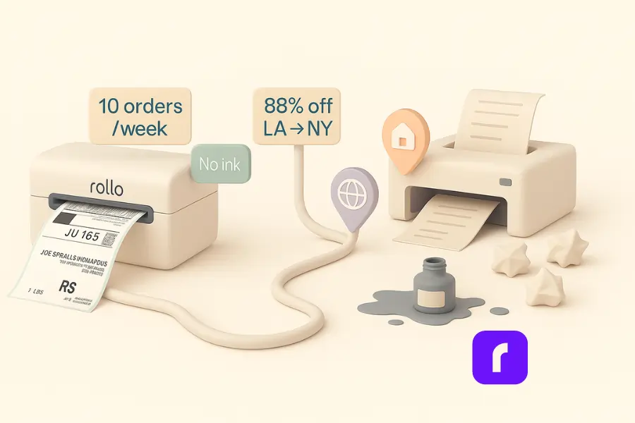 Minimalist 3D illustration showing a side-by-side comparison of two printers. On the left, a Rollo thermal printer cleanly prints a shipping label connected via a smooth pipeline to domestic and international delivery icons. Floating tags nearby read “10 orders/week,” “No ink,” and “88% off LA → NY,” highlighting efficiency. On the right, an outdated inkjet printer produces smudged paper surrounded by spilled ink and crumpled waste, representing inefficiency. The background is soft beige with a modern, clean design.