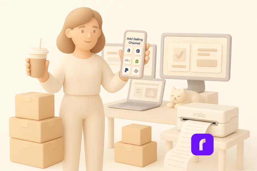 3D illustration of a modern female online seller standing in her minimalist home workspace. She holds an iced coffee in one hand and a smartphone displaying a simplified “Add Selling Channel” interface with icons for Amazon, eBay, Shopify, and PayPal. Behind her, a clean desk setup includes a laptop and two external monitors—one showing a shipping dashboard and the other a USPS pickup screen. A Rollo Wireless Printer is printing a long stream of shipping labels, and stylized boxes are stacked beside her and under the desk. A minimalist cat lounges peacefully on the desk.