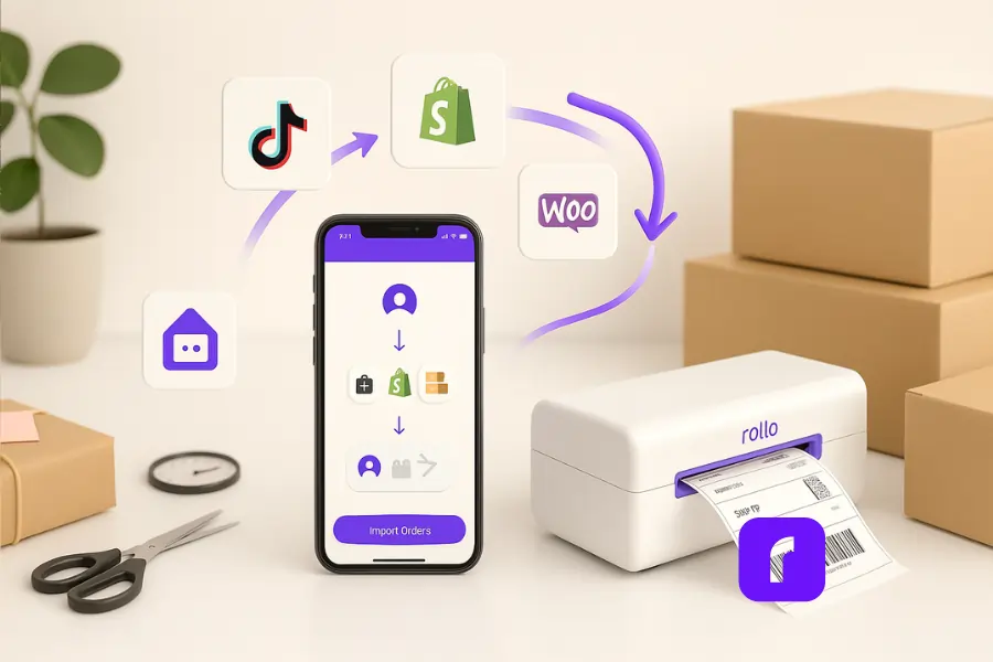Truth About eCommerce Shipping Software You Need To Know 7 A photorealistic image of a clean and modern workspace illustrating the onboarding journey with Rollo Ship. In the center, a smartphone displays the Rollo Ship app interface, showing visual steps for connecting stores and importing orders. Surrounding the phone are floating platform icons, including TikTok Shop, Shopify, and WooCommerce, connected by curved arrows to suggest seamless integration. On the right, a Rollo Wireless Printer actively prints a shipping label next to neatly stacked cardboard boxes. Scissors, a clock, and a potted plant add natural texture and calm to the setting, emphasizing how easy it is for small business owners to get started in just a few clicks.