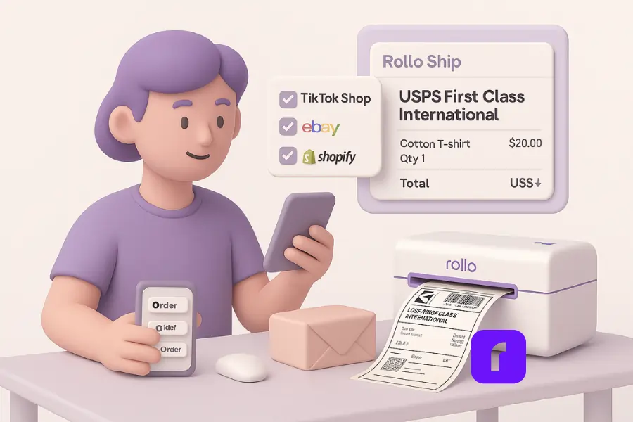 Sellers’ Guide to USPS First Class Package International® 8 A minimalist 3D illustration of a young online seller using Rollo Ship to print USPS First Class International labels from a clean, organized home workspace. The scene features a wireless thermal printer, floating shipping dashboard panels, and pastel-colored packaging materials—conveying fast, efficient international order fulfillment.