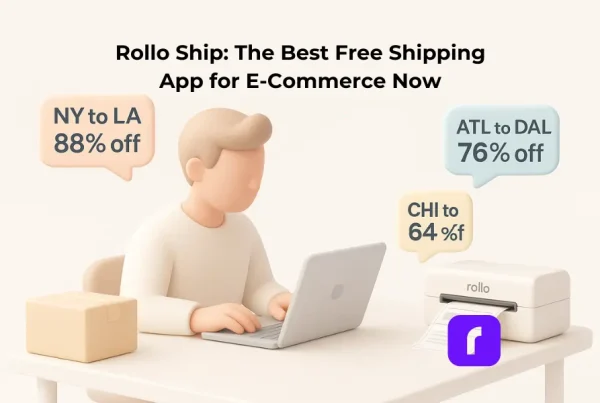 3D illustration of an online seller using a laptop at a minimalist desk with a Rollo Wireless Printer printing a shipping label. Floating pastel tags show discounted shipping rates—“NY to LA 88% off,” “ATL to DAL 76% off,” and “CHI to DEN 64% off.” The title “Rollo Ship: The Best Free Shipping App for E‑Commerce Now” appears above, with the Rollo logo in the bottom right.
