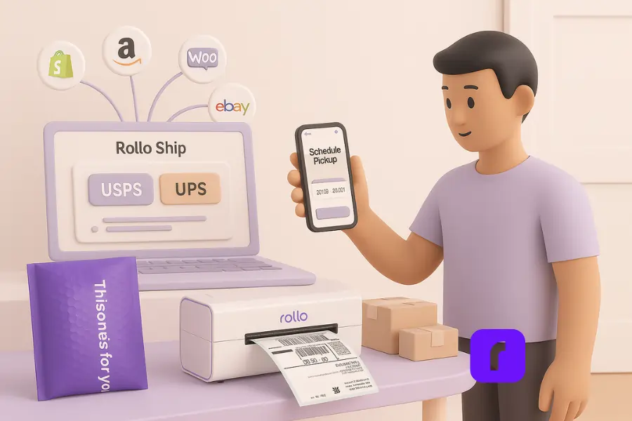 screen displays USPS and UPS options, while the seller holds a phone showing the “Schedule Pickup” screen. A Rollo Wireless Printer prints a shipping label, with stacked boxes and a purple polymailer nearby. Floating icons for Shopify, Amazon, WooCommerce, and eBay connect into the dashboard, symbolizing marketplace integrations.