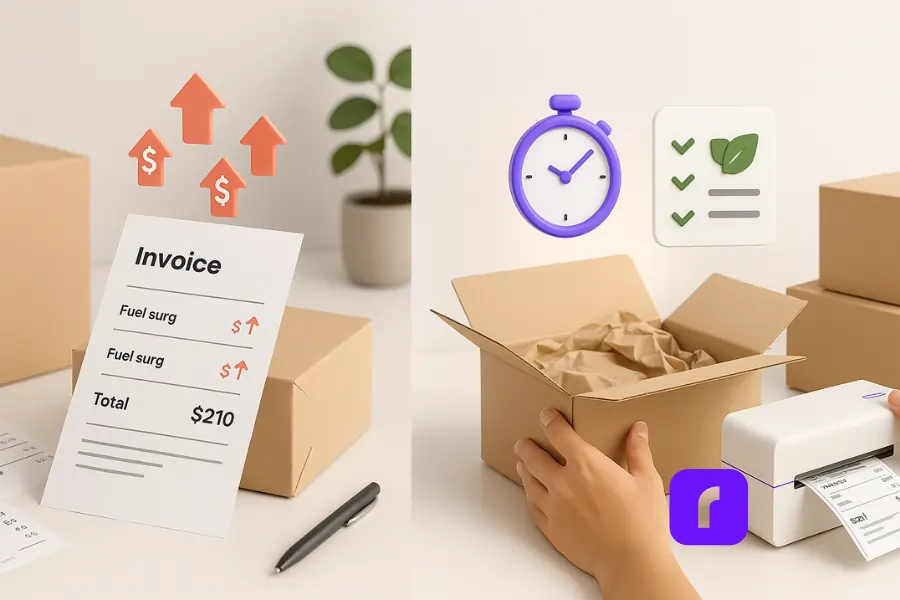 Truth About eCommerce Shipping Software You Need To Know 2 A split photorealistic image visualizing the challenges of modern eCommerce shipping. On the left, a cardboard box and invoice show rising costs with fuel surcharge line items and upward-pointing red dollar icons. On the right, a customer opens an eco-friendly package filled with recyclable padding, next to a Rollo wireless label printer printing a shipping label. Floating icons include a purple stopwatch and a green eco-checklist, symbolizing fast and sustainable delivery expectations. The scene is set against a clean, softly lit background with a minimalist, modern aesthetic.