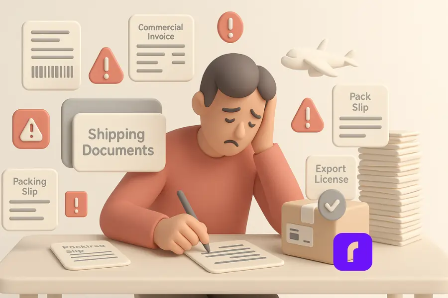 The Surprising Way to Manage Shipping Documents for Free 2 A 3D digital illustration in a minimalist style shows a small business owner sitting at a desk, overwhelmed by shipping documents. The character, with a worried expression, manually copies information from one document to another. Floating around are document icons labeled Shipping Labels, Commercial Invoice, Packing Slip, and Export License, along with red exclamation marks and warning symbols. A large stack of papers emphasizes the time burden of manual work, while an airplane and package with a label hint at global shipping. The scene is rendered in soft pastel tones, conveying frustration and inefficiency.