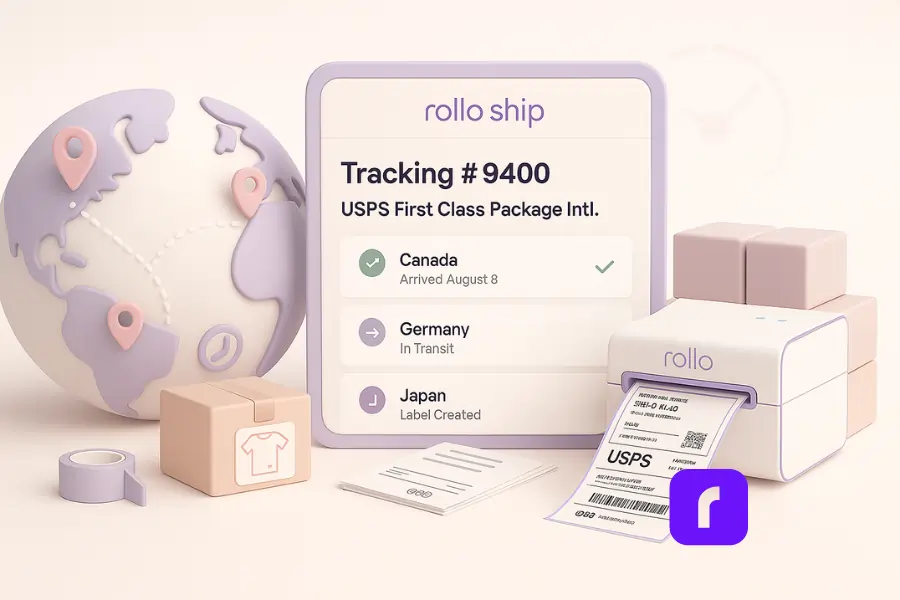 Sellers’ Guide to USPS First Class Package International® 5 3D illustration of Rollo Ship’s international package tracking system in a soft pastel color scheme. A digital dashboard displays a tracking number and USPS First Class Package International delivery statuses for Canada (“Arrived August 8”), Germany (“In Transit”), and Japan (“Label Created”). A globe with dotted delivery paths connects these countries using stylized pins. A Rollo Wireless Printer prints a shipping label, while stacked parcels, customs forms, and a roll of tape surround the scene—conveying modern, simplified global order tracking.