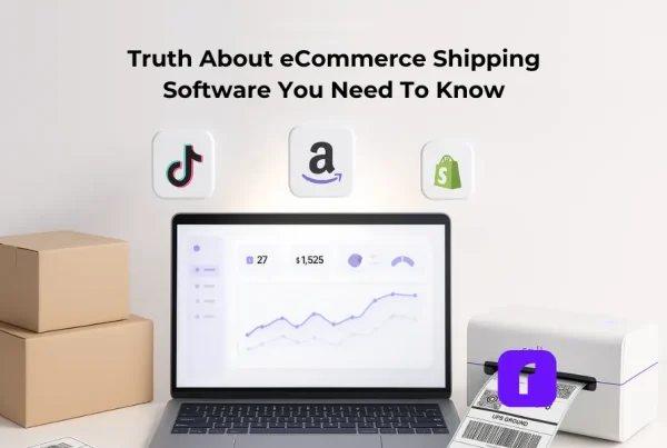 A modern eCommerce workspace featuring a silver laptop displaying a shipping analytics dashboard with graphs and metrics. Cardboard packages sit to the left, and a Rollo wireless thermal printer on the right is actively printing a shipping label. Floating above the laptop are three platform icons—TikTok, Amazon, and Shopify—representing sales channel integrations. The scene is well-lit with a clean white background and includes the title text “Truth About eCommerce Shipping Software You Need To Know” centered at the top.
