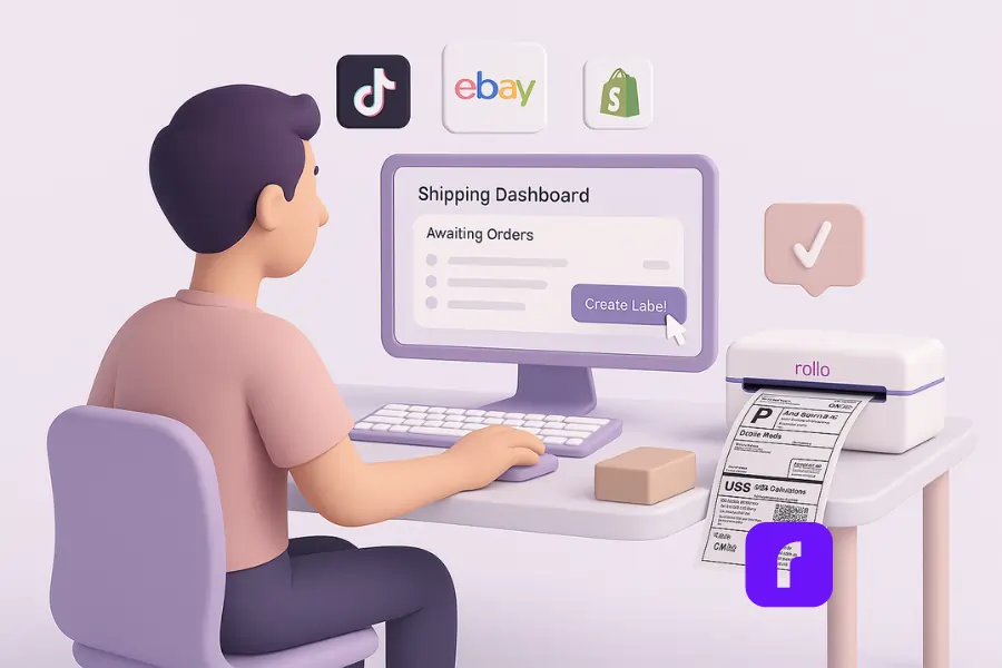 Sellers’ Guide to USPS First Class Package International® 7 Minimalist 3D illustration of an eCommerce seller using Rollo Ship to sync and fulfill TikTok Shop, eBay, and Shopify international orders. The scene features a stylized workspace with a Rollo Wireless Printer, floating shipping dashboards, customs form panels, and marketplace icons, all rendered in soft pastel colors with smooth, rounded elements.