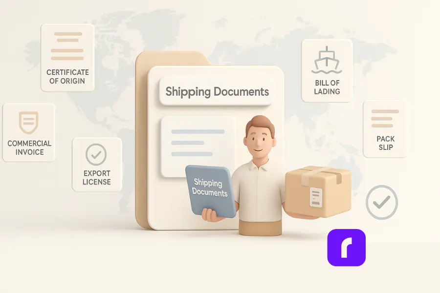 The Surprising Way to Manage Shipping Documents for Free 1 A 3D digital illustration in a soft pastel color palette shows a shipping documents folder with a label, surrounded by simplified document icons labeled Commercial Invoice, Certificate of Origin, Bill of Lading, Pack Slip, and Export License. A smiling character holds a shipping document and a package, while a world map in the background suggests global trade. A customs stamp/checkmark icon indicates customs clearance. The scene emphasizes the essential role of shipping documents in global trade with a clean, minimalist design.