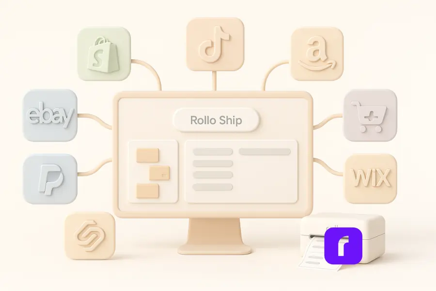 3D illustration in soft pastel colors showing a central computer monitor labeled "Rollo Ship" surrounded by eight stylized icons representing sales channels: Shopify, TikTok Shop, Amazon (top row), eBay, WooCommerce (middle), PayPal, Squarespace, and WIX (bottom row). Each icon is connected to the Rollo Ship dashboard with curved lines, symbolizing integration. A Rollo Wireless Printer sits nearby, printing a shipping label, suggesting automation and streamlined multi-platform fulfillment.